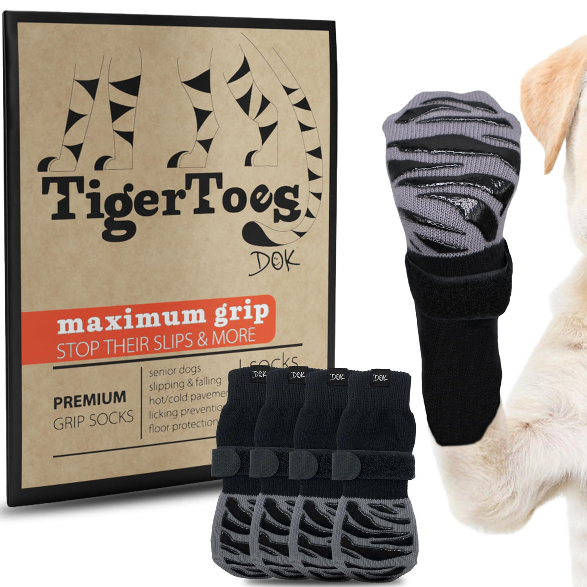 DOK TigerToes Non-Slip Dog Socks for Senior Dogs – 4-Pack, Large