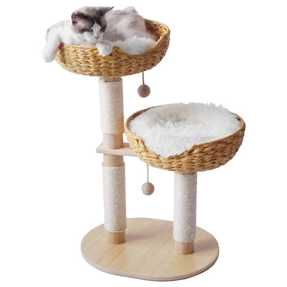Yorrbily Cat Tree 32 Inches Cat Tower with Sisal Covered Scratching Real Wood Post Handwoven PE Rattan 2 Baskets perches with Cozy Cushion Cat Climbing Cat Scratching Post (White Cushion)